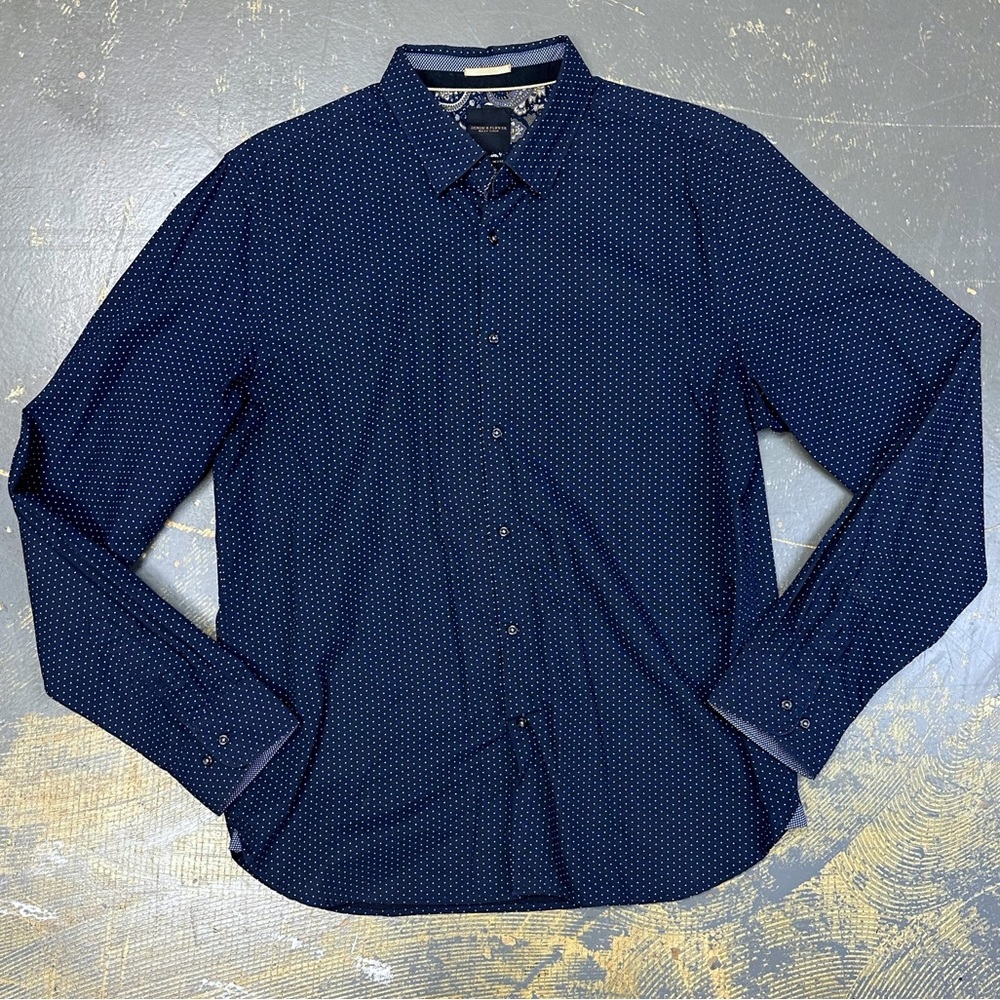 Denim & Flower Button Down Long Sleeve Shirt Large Navy Blue Polka Dots